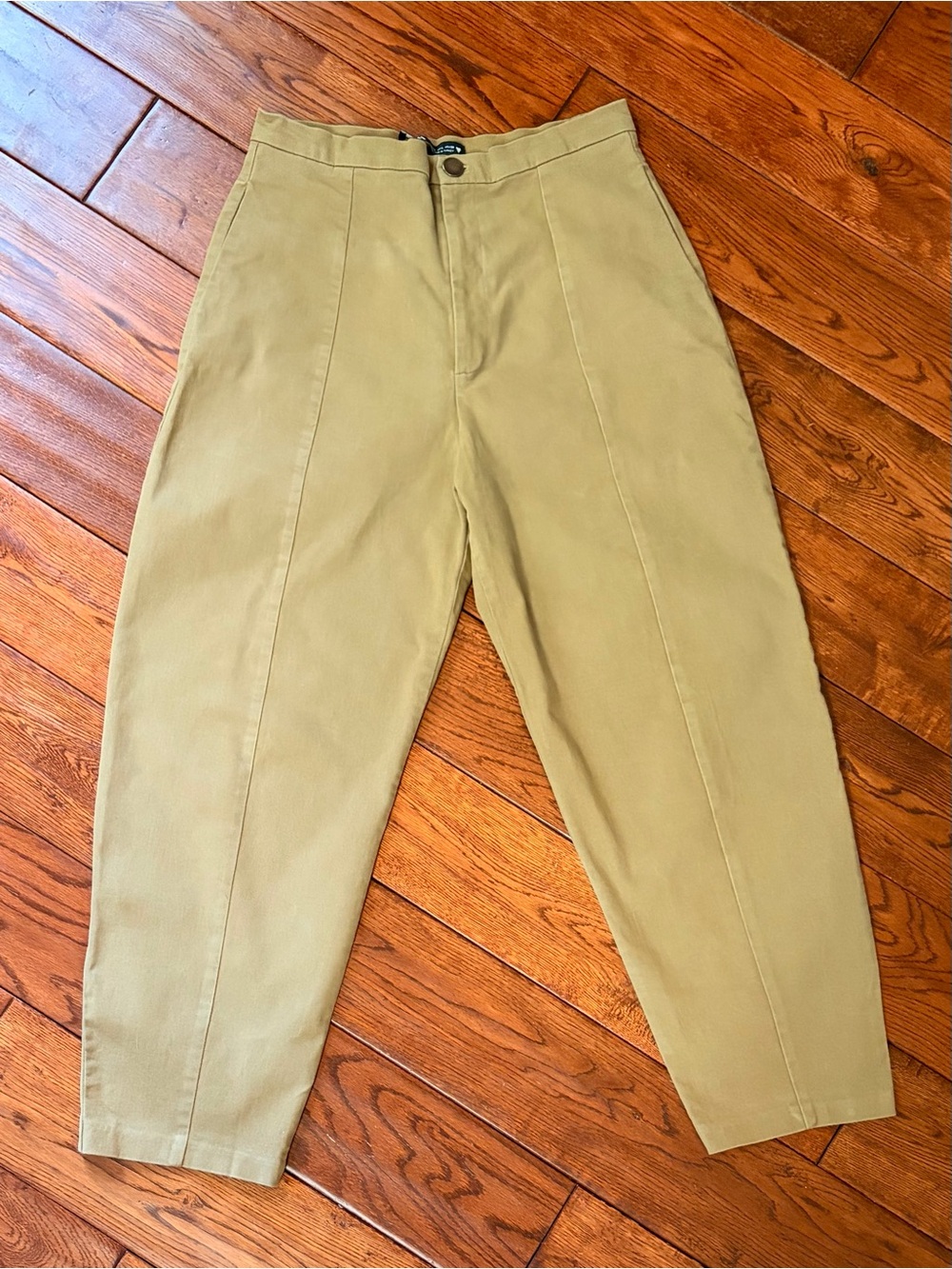 Zara Khaki Seam Front Barrel Leg Pants